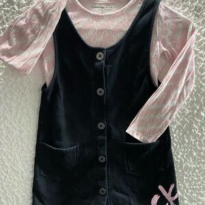 Calvin Klein Pink and White Top with black overall skirt 6